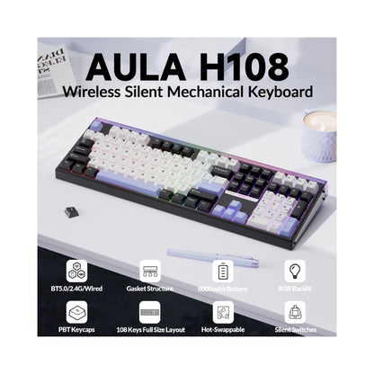 Aula H108 Black White, Hotswap RGB Gasket Bluetooth Wireless, Tastatura Mecanica Gaming, Negru