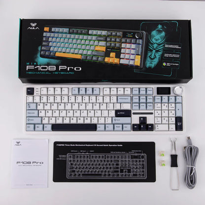 Aula F108 PRO White Blue, Hotswap RGB Gasket Bluetooth Wireless, Tastatura Mecanica Gaming, Alb