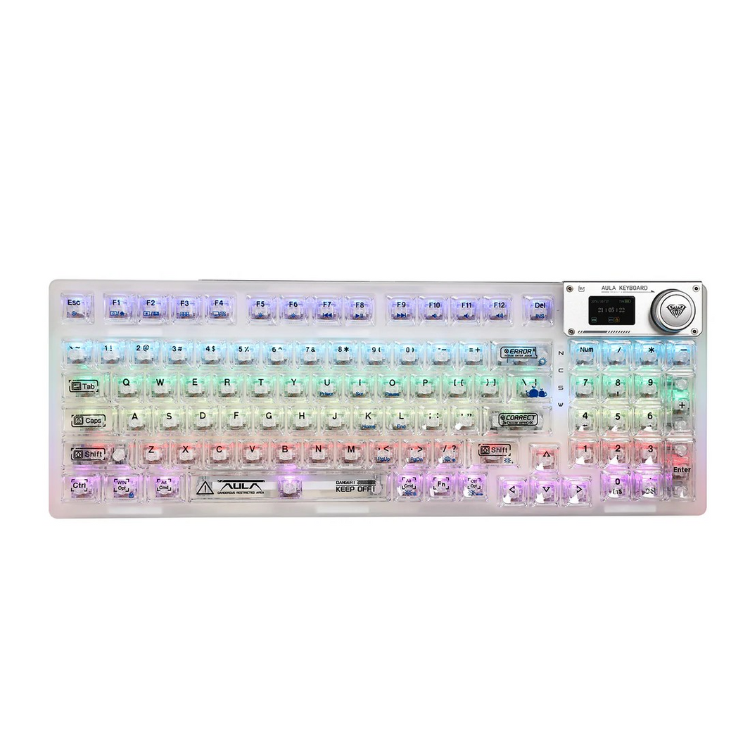 Aula F98 PRO White Transparent, Hotswap RGB Gasket Bluetooth Wireless, Tastatura Mecanica Gaming, Alb