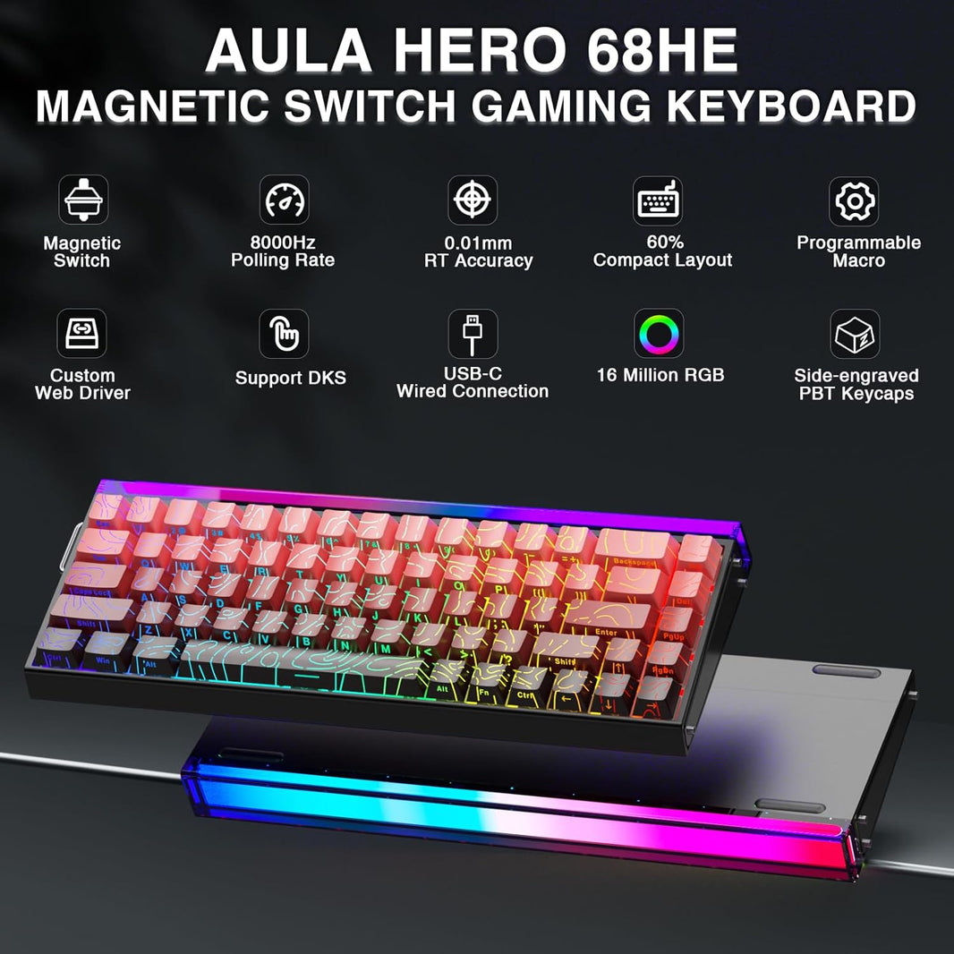Aula HERO68 8K Black Red Contour (Side-Printed), RGB Gasket, Hall Effect (Magnetica), Tastatura Gaming, Layout 75%, Rosu