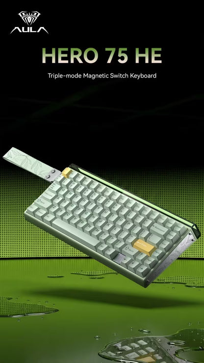 Aula HERO75 HE Green Spiritcloud, RGB Gasket Tri-Mode Bluetooth Wireless, Hall Effect (Magnetica), Tastatura Gaming, Layout 75%, Verde