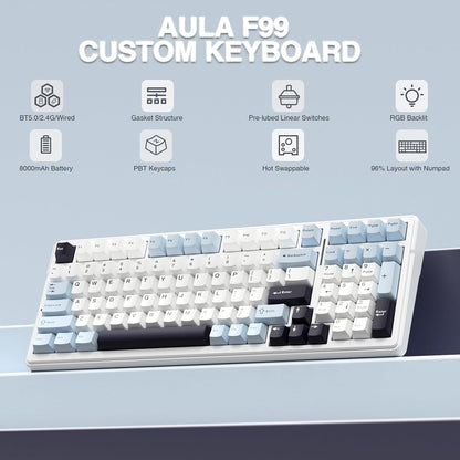 Aula F99 White Blue, Hotswap RGB Gasket Bluetooth Wireless, Tastatura Mecanica Gaming, Alb