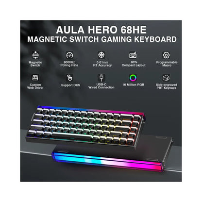 Aula HERO68 8K Black Lighthouse, RGB Gasket, Hall Effect (Magnetica), Tastatura Gaming, Layout 65%, Negru