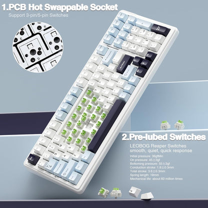Aula F99 White Blue, Hotswap RGB Gasket Bluetooth Wireless, Tastatura Mecanica Gaming, Alb
