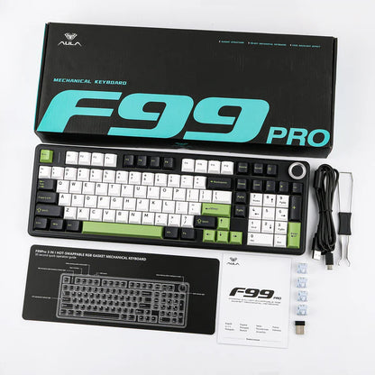 Aula F99 PRO Black Green, Hotswap RGB Gasket Bluetooth Wireless, Tastatura Mecanica Gaming, Negru