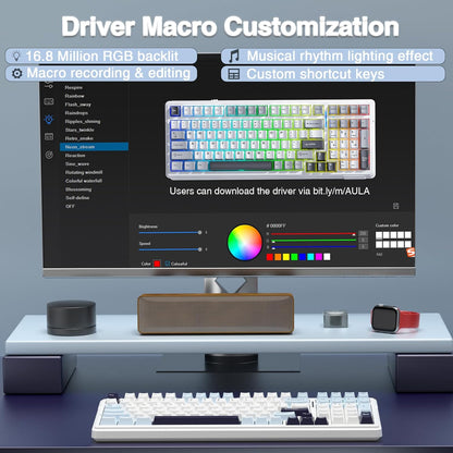 Aula F99 White Blue, Hotswap RGB Gasket Bluetooth Wireless, Tastatura Mecanica Gaming, Alb