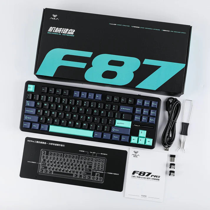 Aula F87 PRO Black Cyan, Hotswap RGB Gasket Bluetooth Wireless, Tastatura Mecanica Gaming, Negru
