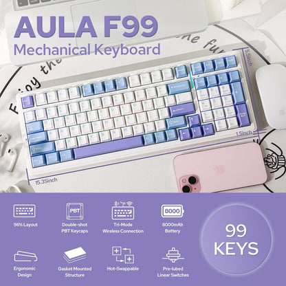 Aula F99 White Purple, Hotswap RGB Gasket Bluetooth Wireless, Tastatura Mecanica Gaming, Alb